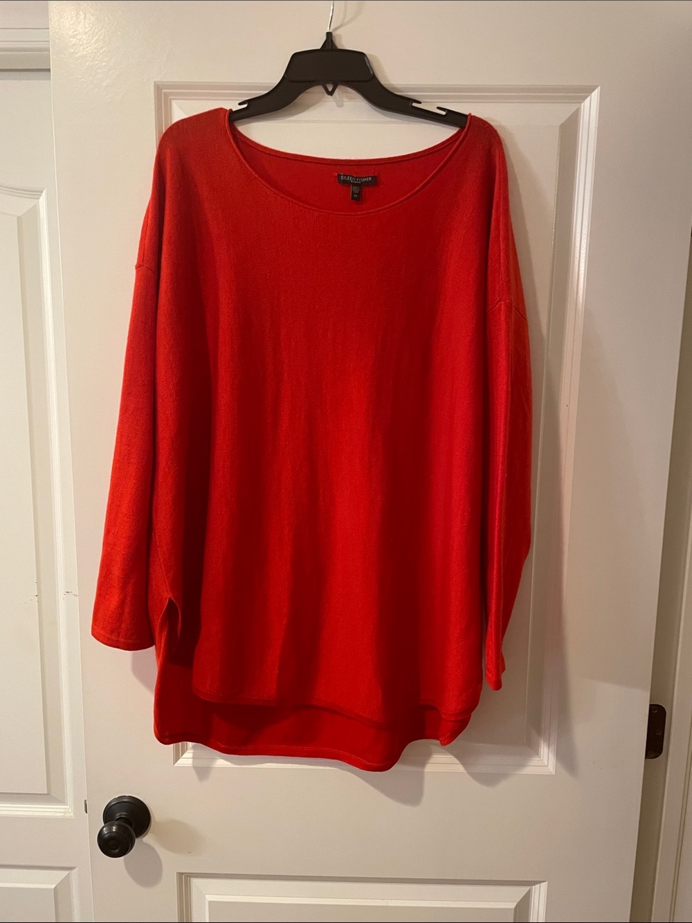 Eileen Fisher Red Scoop Neck Lightweight Knit Italian Merino Wool.